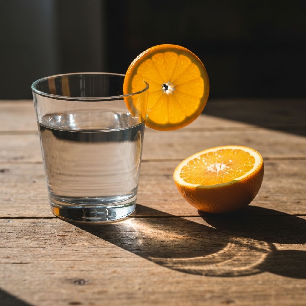 Water glass with fresh citrus on wood background