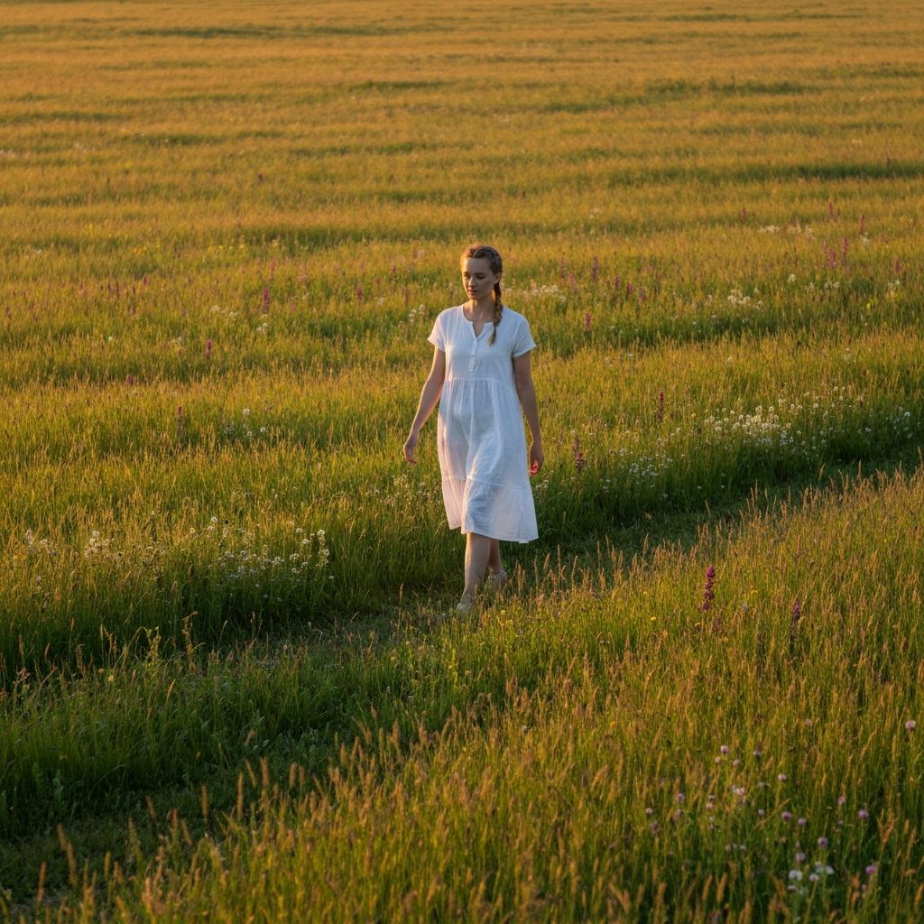 Person walking mindfully in open field